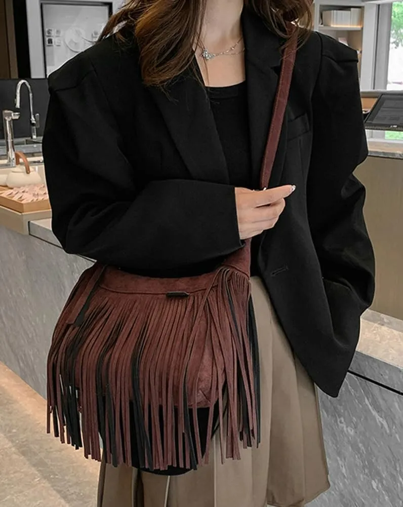 Stylish Suede Hobo Bag for Women Retro Shoulder Bag Large Capacity Tassel Hippie Crossbody Bag with Exquisite Fringe 2024
