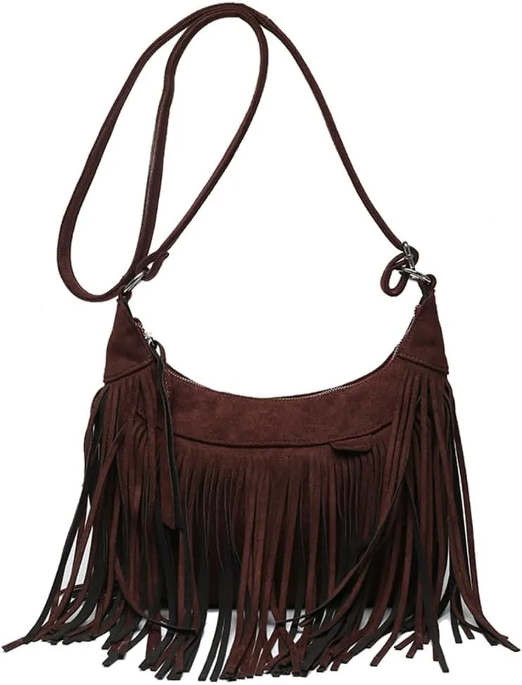 Stylish Suede Hobo Bag for Women Retro Shoulder Bag Large Capacity Tassel Hippie Crossbody Bag with Exquisite Fringe 2024