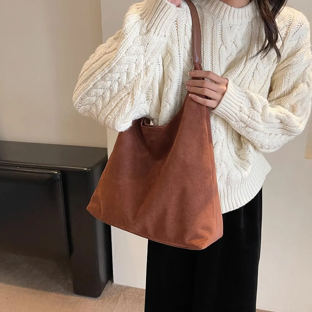 Suede Bag for Women, Leather Vintage Shoulder Hobo Bag, Fashion Slouchy Tote Bag, Soft Crossbody Purse Handbags Trendy