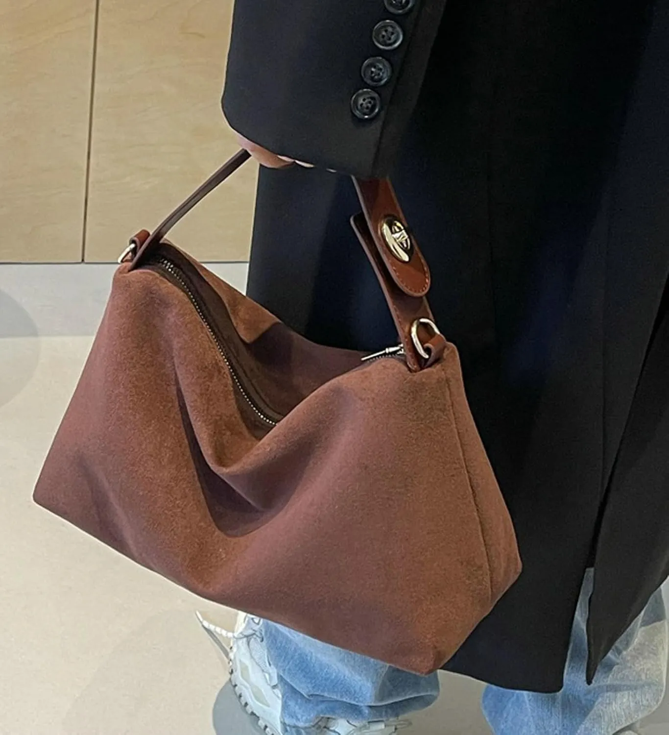 Suede Bag Slouchy Shoulder Bag for Women Crescent Satchel Crossbody Purse Brown Suede Bag Work Tote Handbags
