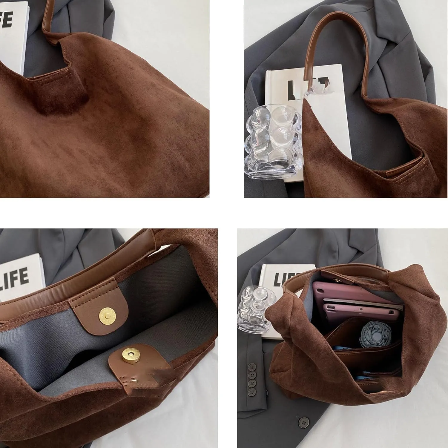 Suede Bag, Suede Tote Bag for Women, Retro Large Slouchy Hobo Bag, Brown Shoulder Handbags Bag, All-Match & Advanced