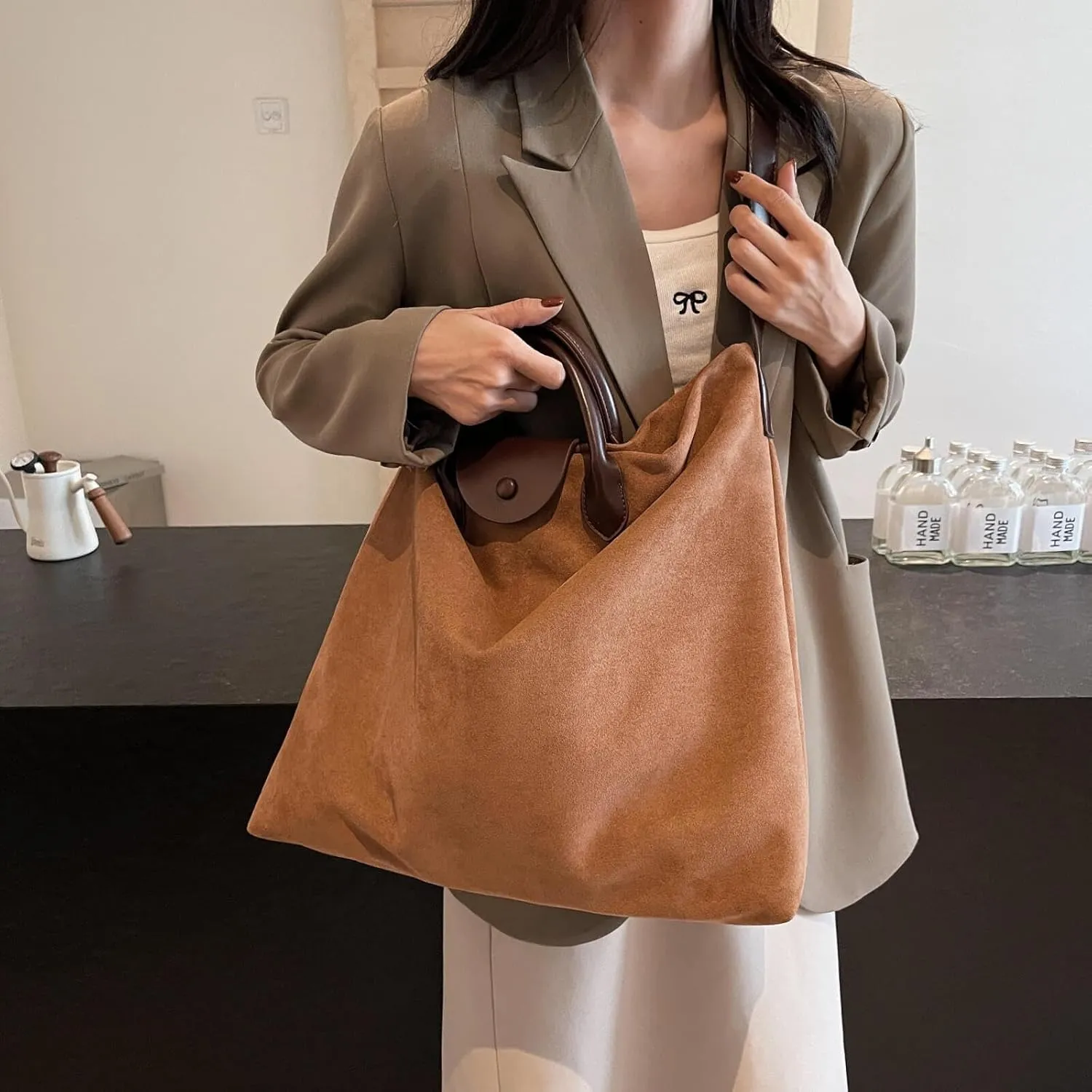 Suede Bags For Women Brown Suede Handbag Purse Large Suede Crossbody Tote Bag