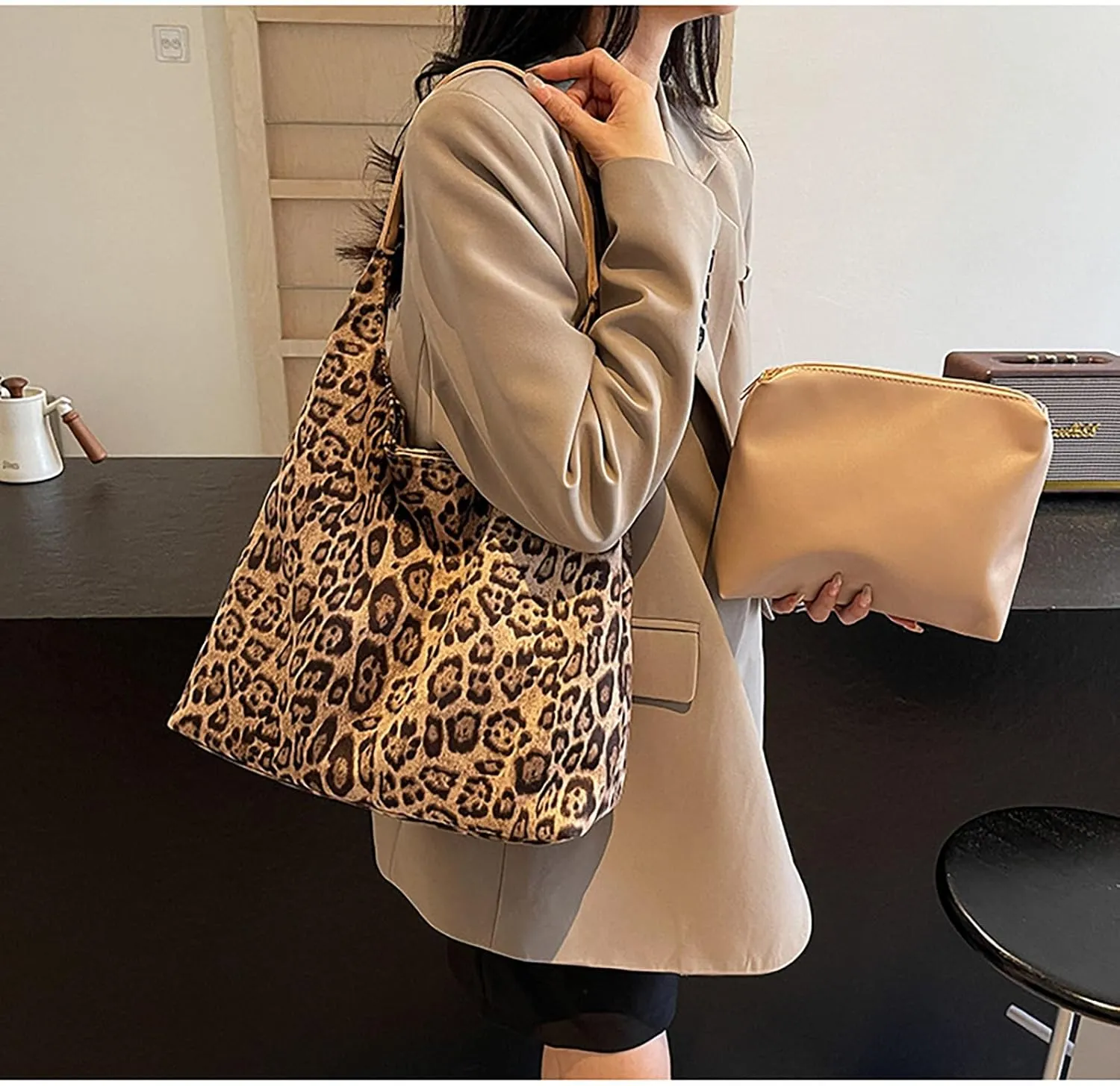 Suede Bags for Women Leopard Print Suede Tote Bag,Suede Shoulder Bag,Womens Hobo Handbag,Slouchy Bags