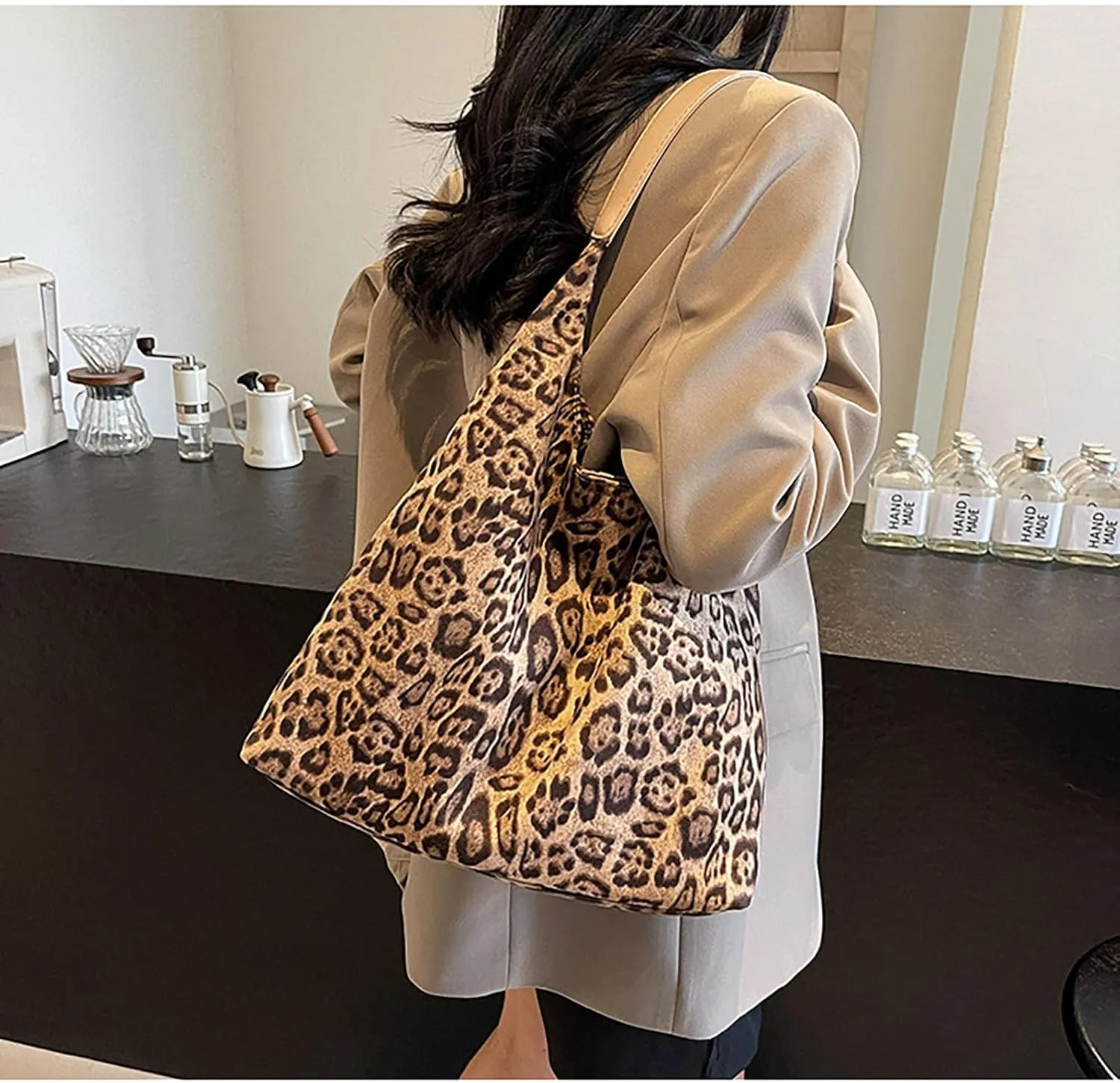 Suede Bags for Women Leopard Print Suede Tote Bag,Suede Shoulder Bag,Womens Hobo Handbag,Slouchy Bags