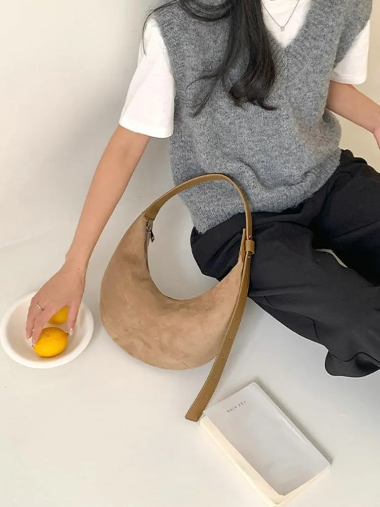 Suede Crescent Half Moon Hobo Slouchy Shoulder Handbag Purse Clutch Work Office Bag