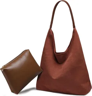 Suede Hobo Bag for Women 2 Pcs Purse Slouchy Faux Suede Tote Bag Leather Handbag