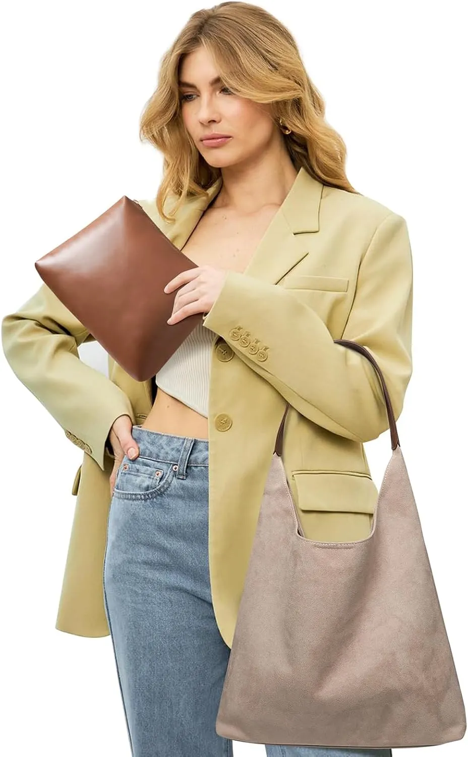 Suede Hobo Bag for Women 2 Pcs Purse Slouchy Faux Suede Tote Bag Leather Handbag