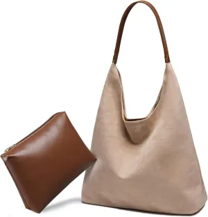 Suede Hobo Bag for Women 2 Pcs Purse Slouchy Faux Suede Tote Bag Leather Handbag