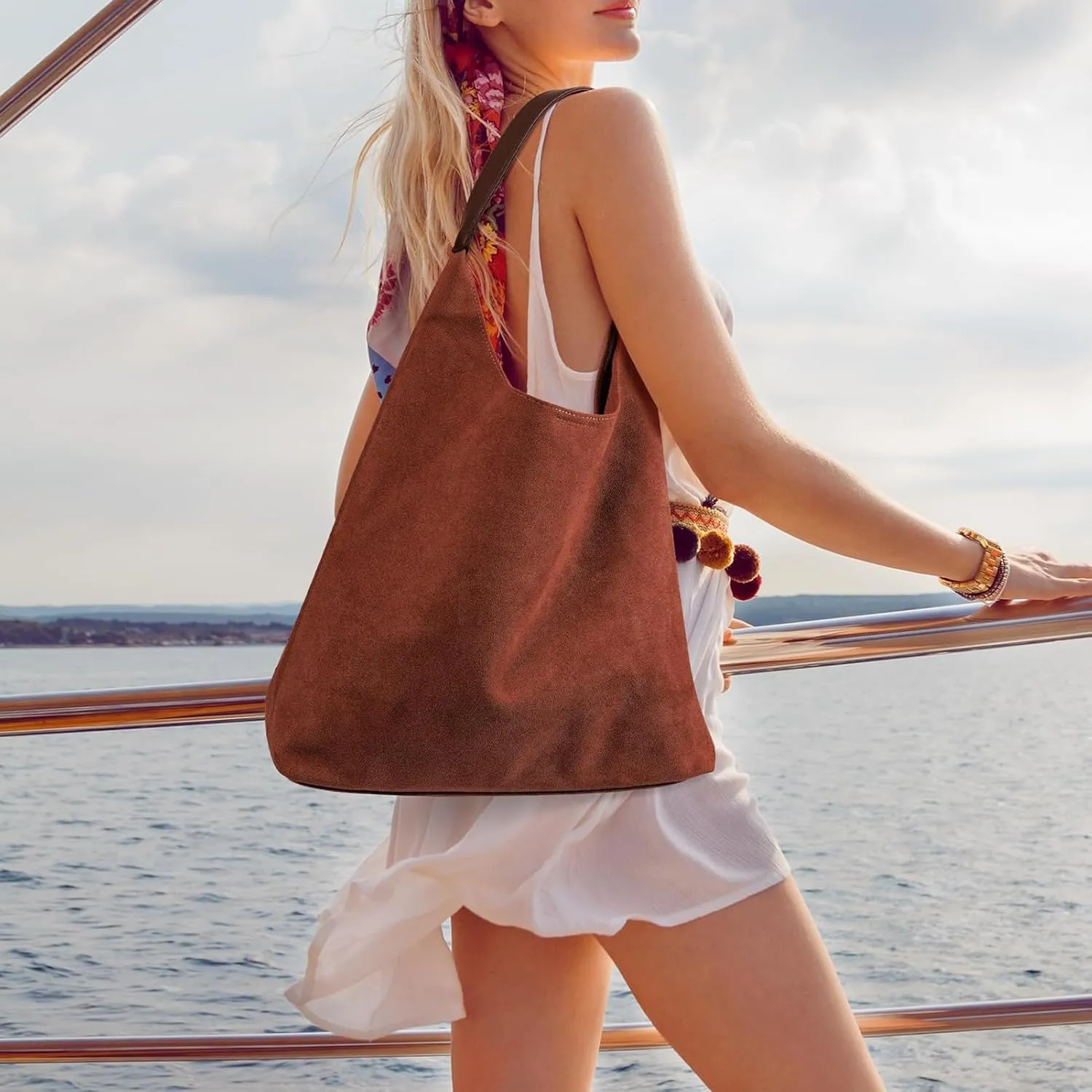 Suede Hobo Bag for Women 2 Pcs Purse Slouchy Faux Suede Tote Bag Leather Handbag