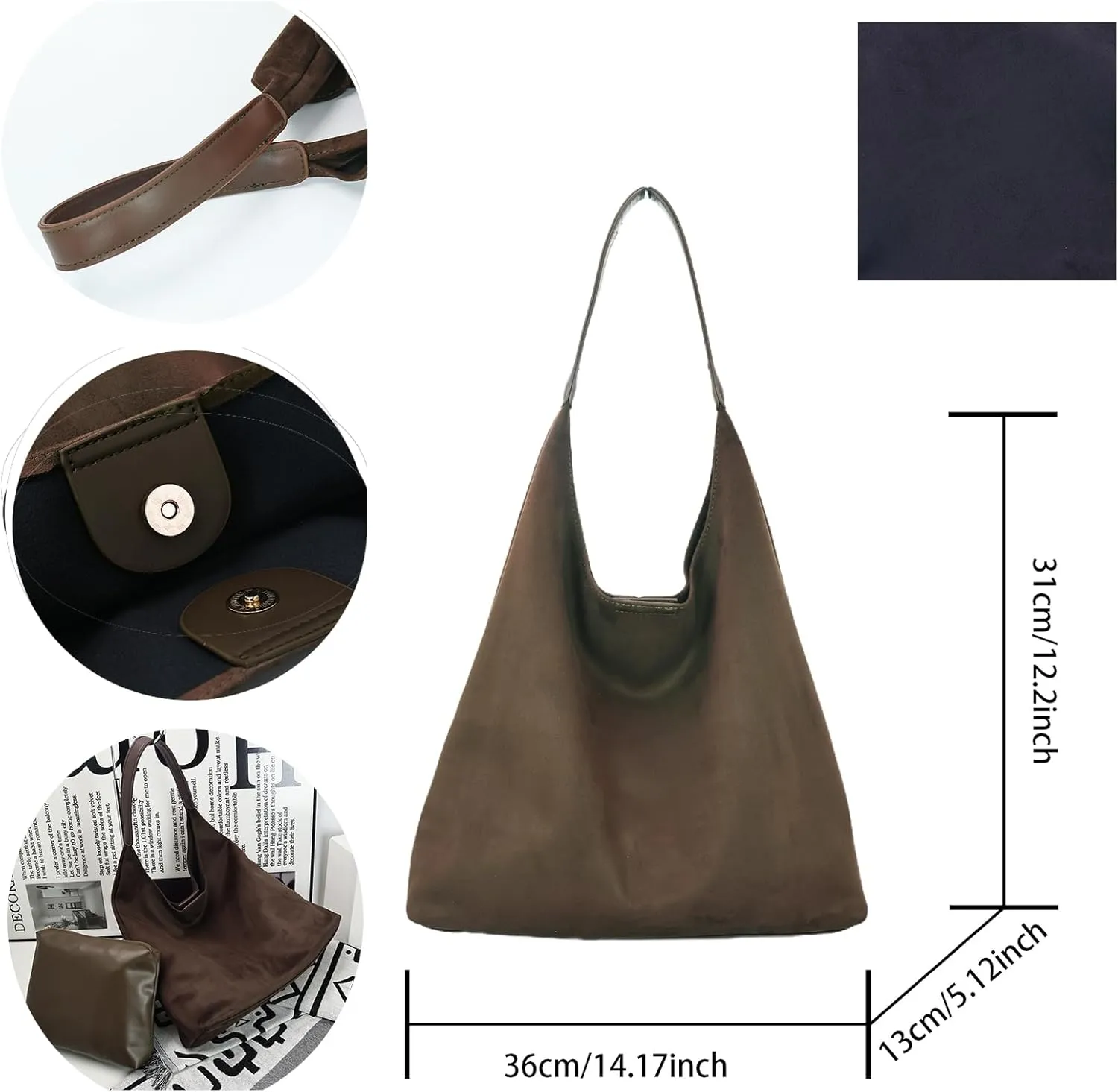 Suede Hobo Bag for Women-Suede Purse Slouchy Brown Tote Handbag, Large Shoulder bag for Travel and Work