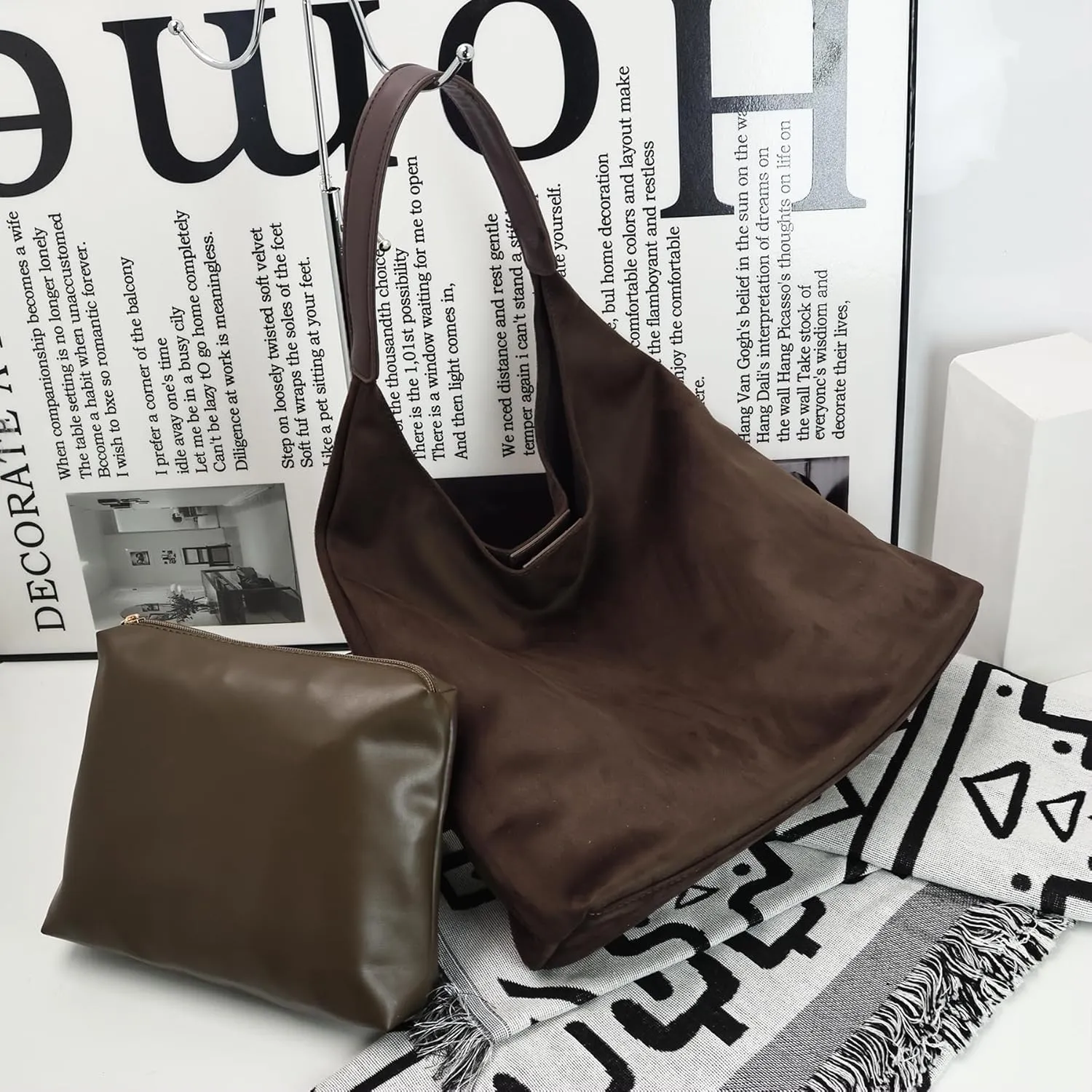 Suede Hobo Bag for Women-Suede Purse Slouchy Brown Tote Handbag, Large Shoulder bag for Travel and Work