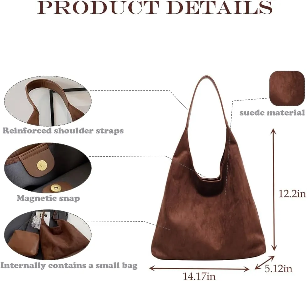 Suede Hobo Bag - Slouchy Tote for Travel, Shopping, Work - Brown Suede