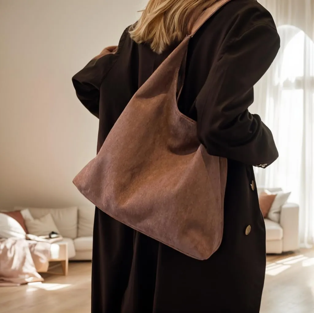Suede Hobo Bag - Slouchy Tote for Travel, Shopping, Work - Brown Suede