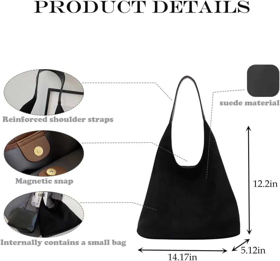 Suede Hobo Bag - Slouchy Tote for Travel, Shopping, Work - Brown Suede