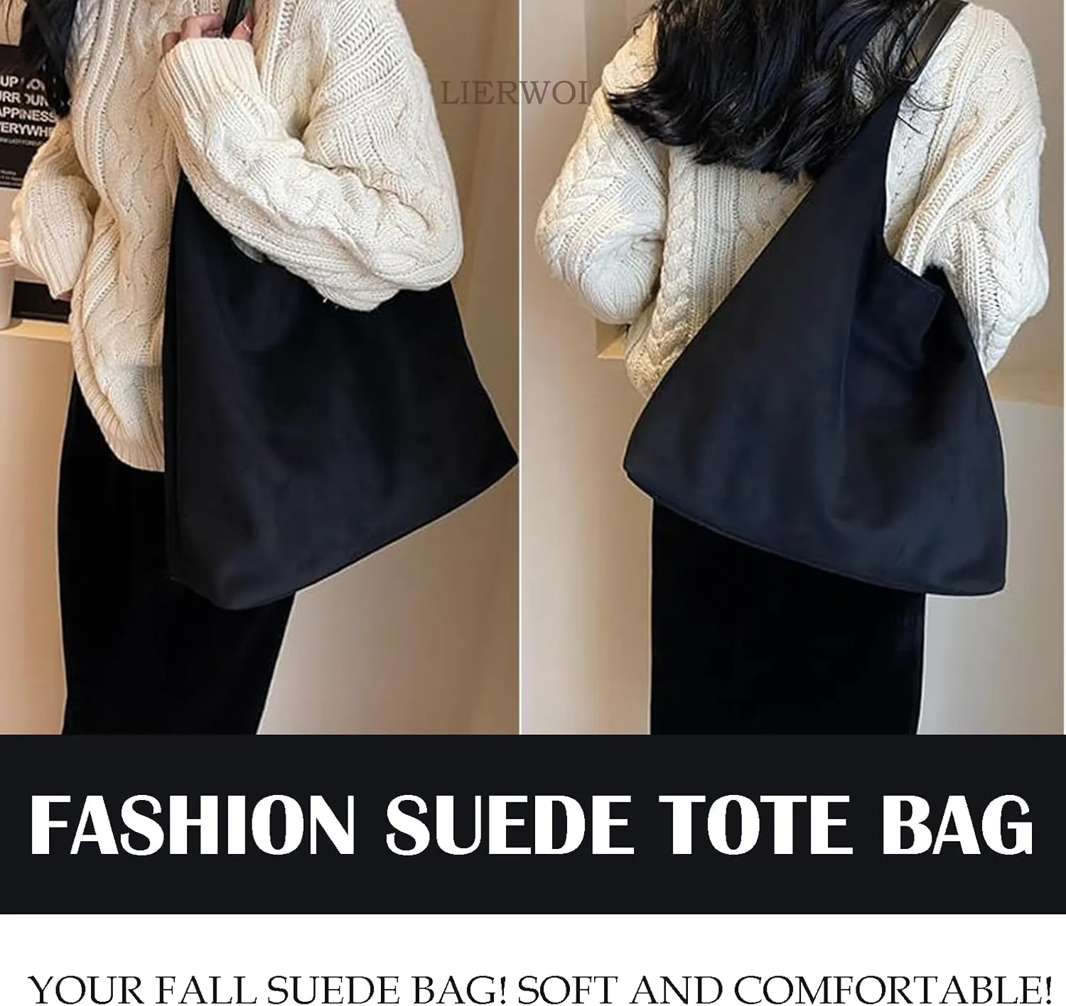 Suede Hobo Bag - Slouchy Tote for Travel, Shopping, Work - Brown Suede