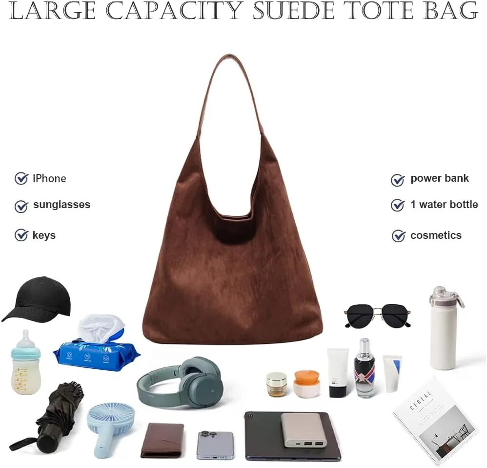 Suede Hobo Bag - Slouchy Tote for Travel, Shopping, Work - Brown Suede