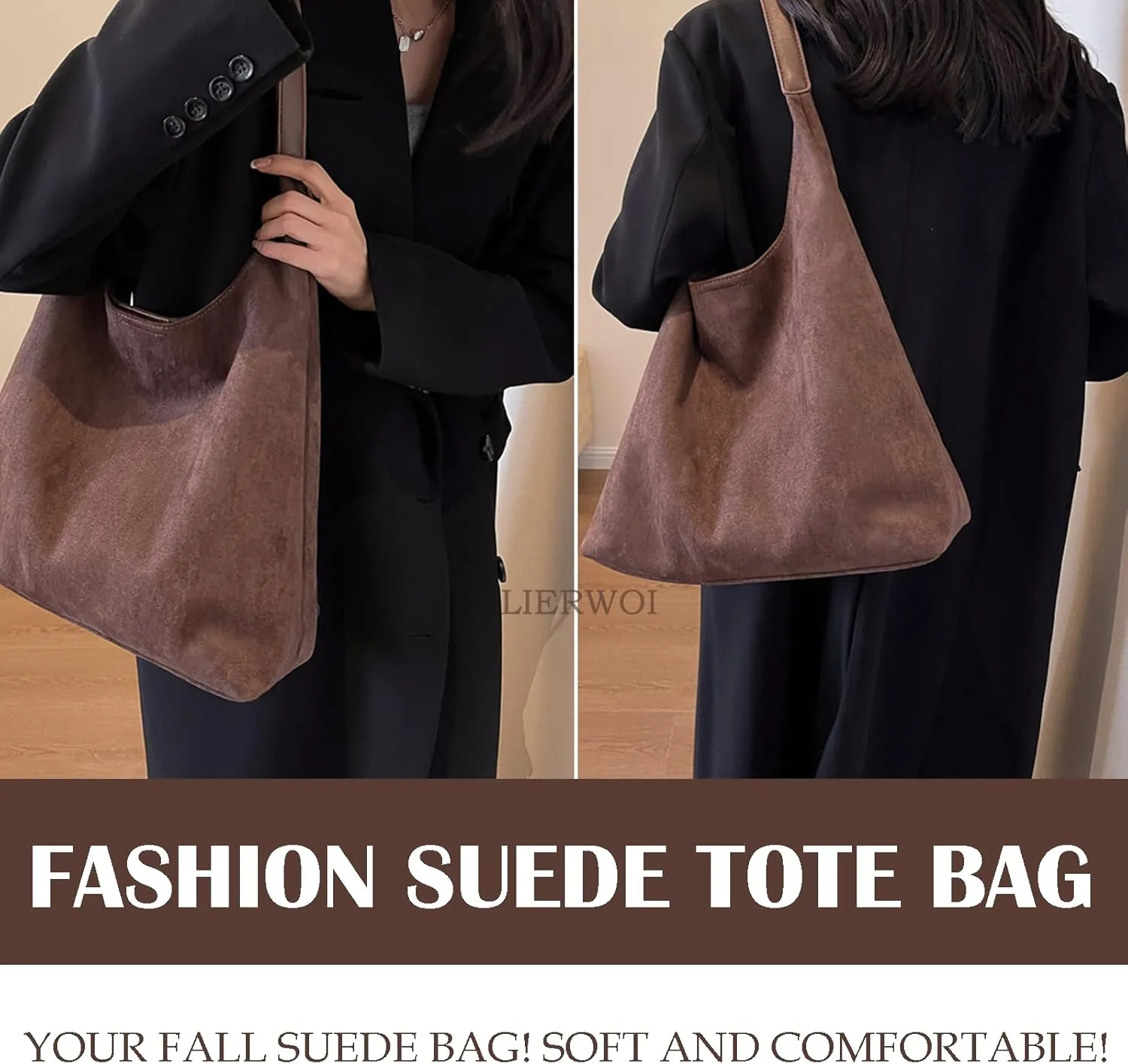 Suede Hobo Bag - Slouchy Tote for Travel, Shopping, Work - Brown Suede