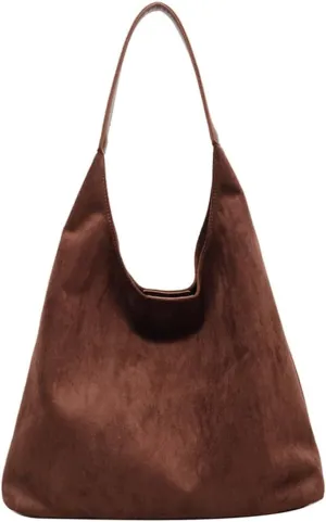 Suede Hobo Bag - Slouchy Tote for Travel, Shopping, Work - Brown Suede