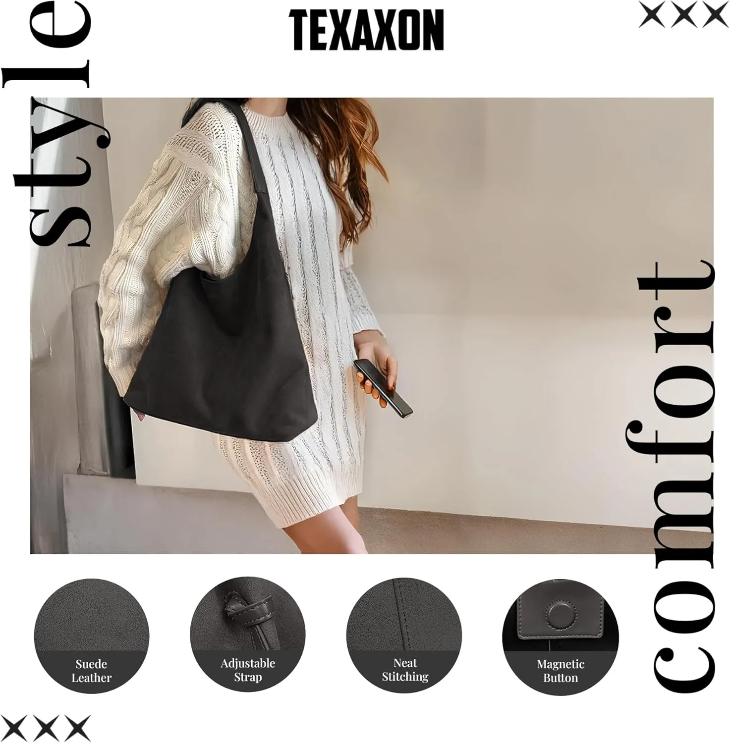 Suede Hobo Tote Bag for Women – Stylish Slouchy Handbag, Leather Work Bag, Women’s Handbags, Hobo Tote Bag for Travel&Office