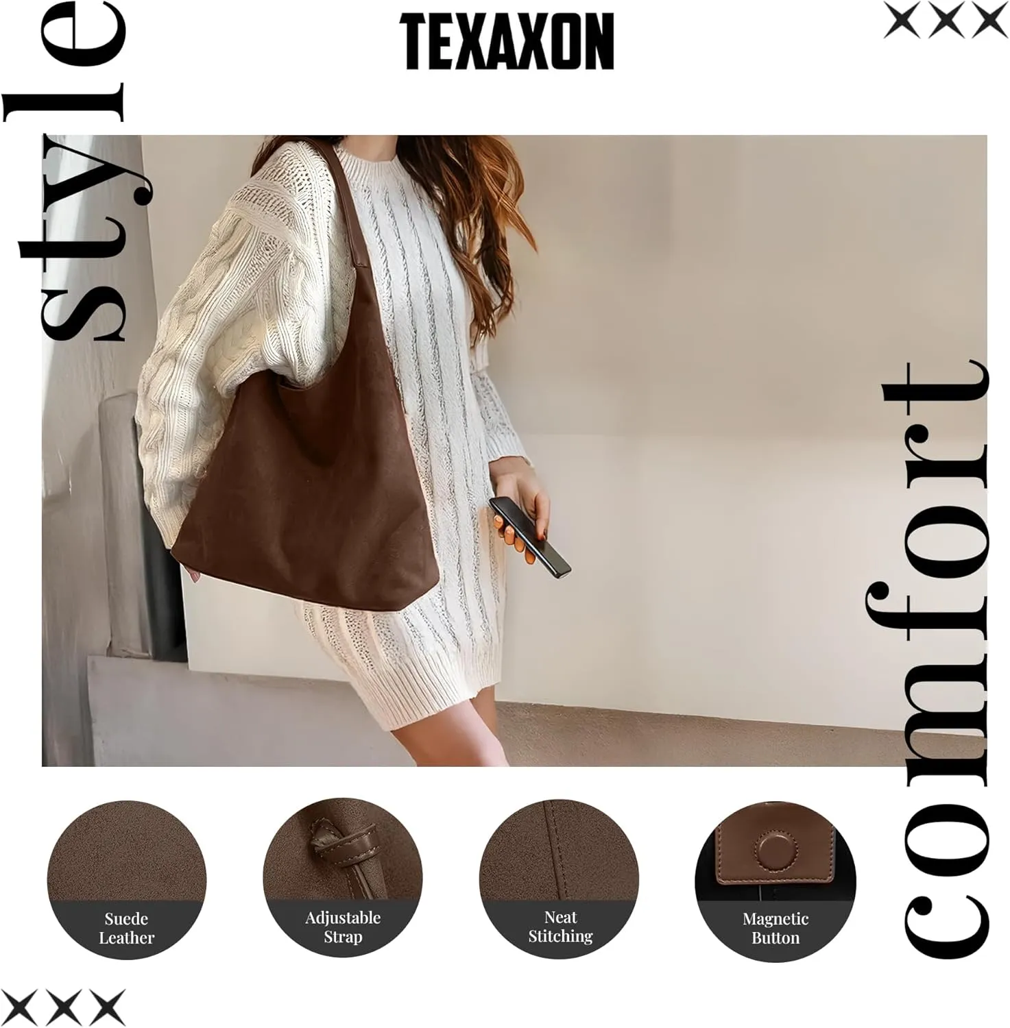 Suede Hobo Tote Bag for Women – Stylish Slouchy Handbag, Leather Work Bag, Women’s Handbags, Hobo Tote Bag for Travel&Office