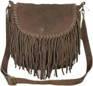 Suede Leather Crossbody Handbag with Fringe, Brown