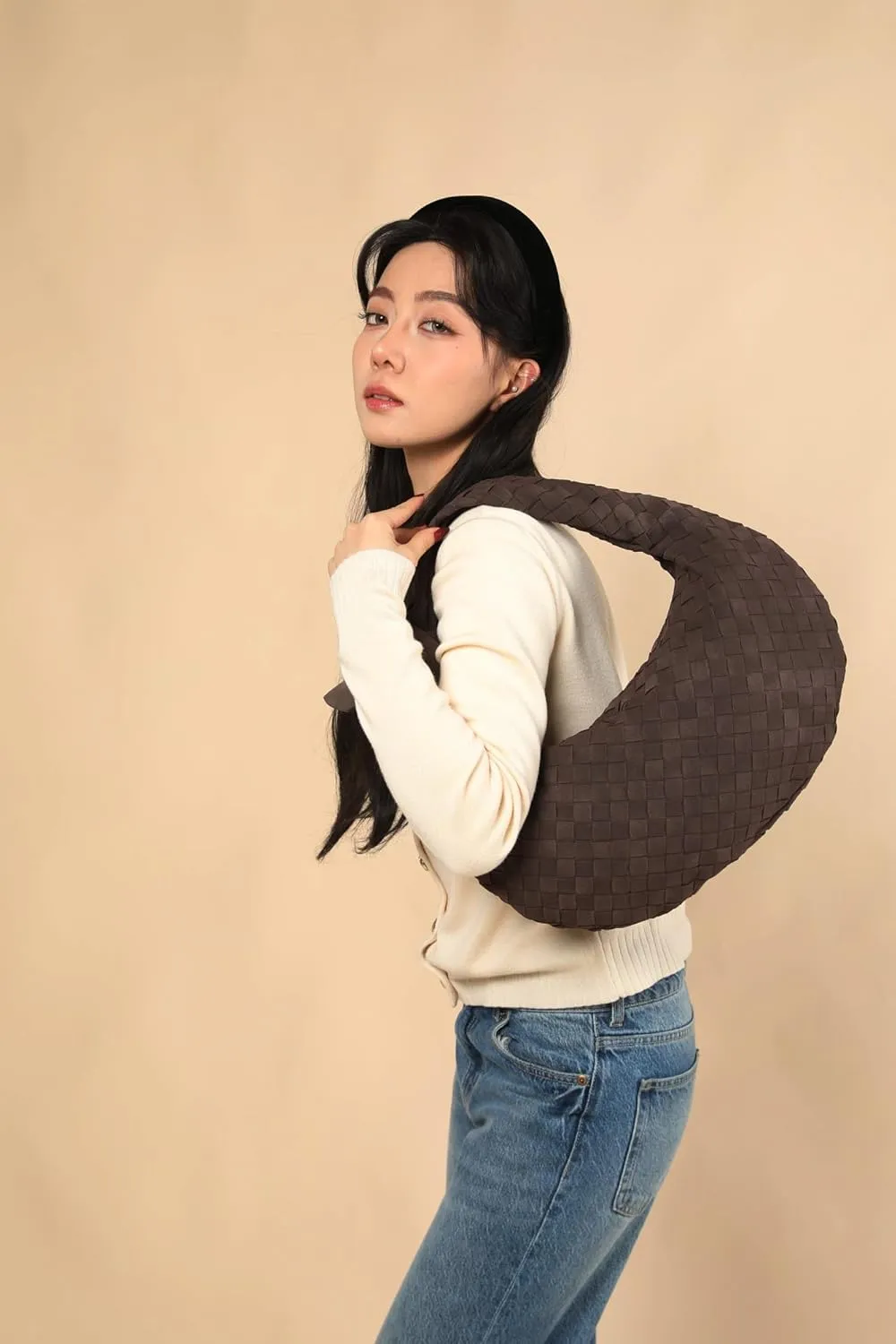 Suede Leather Woven Bag for Women, Woven Knot Clutch Bag, Woven Purse, Evening Handbag, Vegan Leather Top Handle Bag