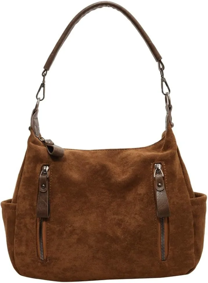 Suede Satchels Shoulder Crossbody Handbag for Women Winter Fall Retro Top-handle Bag Slouchy Work Hobo Bag Purse