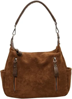 Suede Satchels Shoulder Crossbody Handbag for Women Winter Fall Retro Top-handle Bag Slouchy Work Hobo Bag Purse