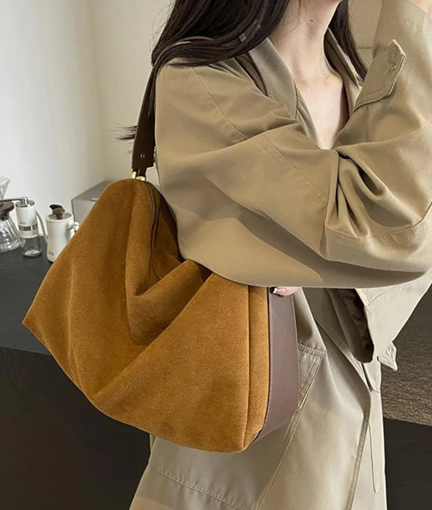 Suede Shoulder Crossbody Bag for Women Large Tote Purse Vintage Slouchy Top Handle Satchels Casual Working Handbag