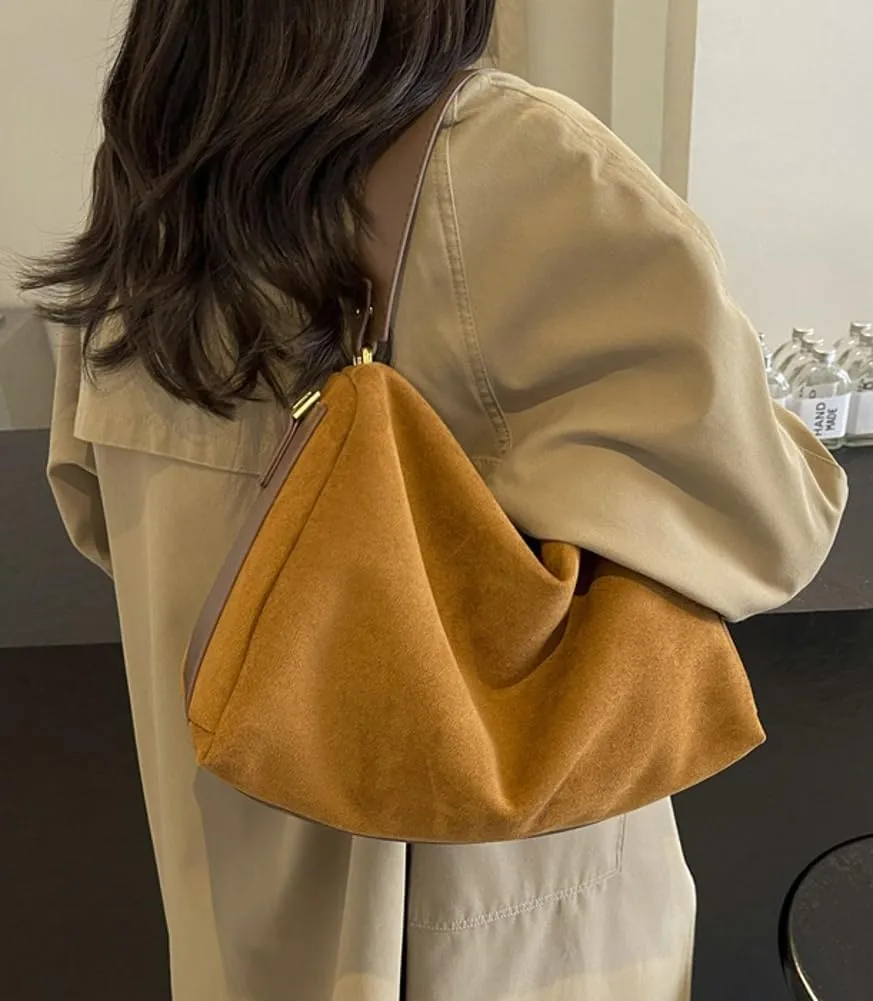 Suede Shoulder Crossbody Bag for Women Large Tote Purse Vintage Slouchy Top Handle Satchels Casual Working Handbag