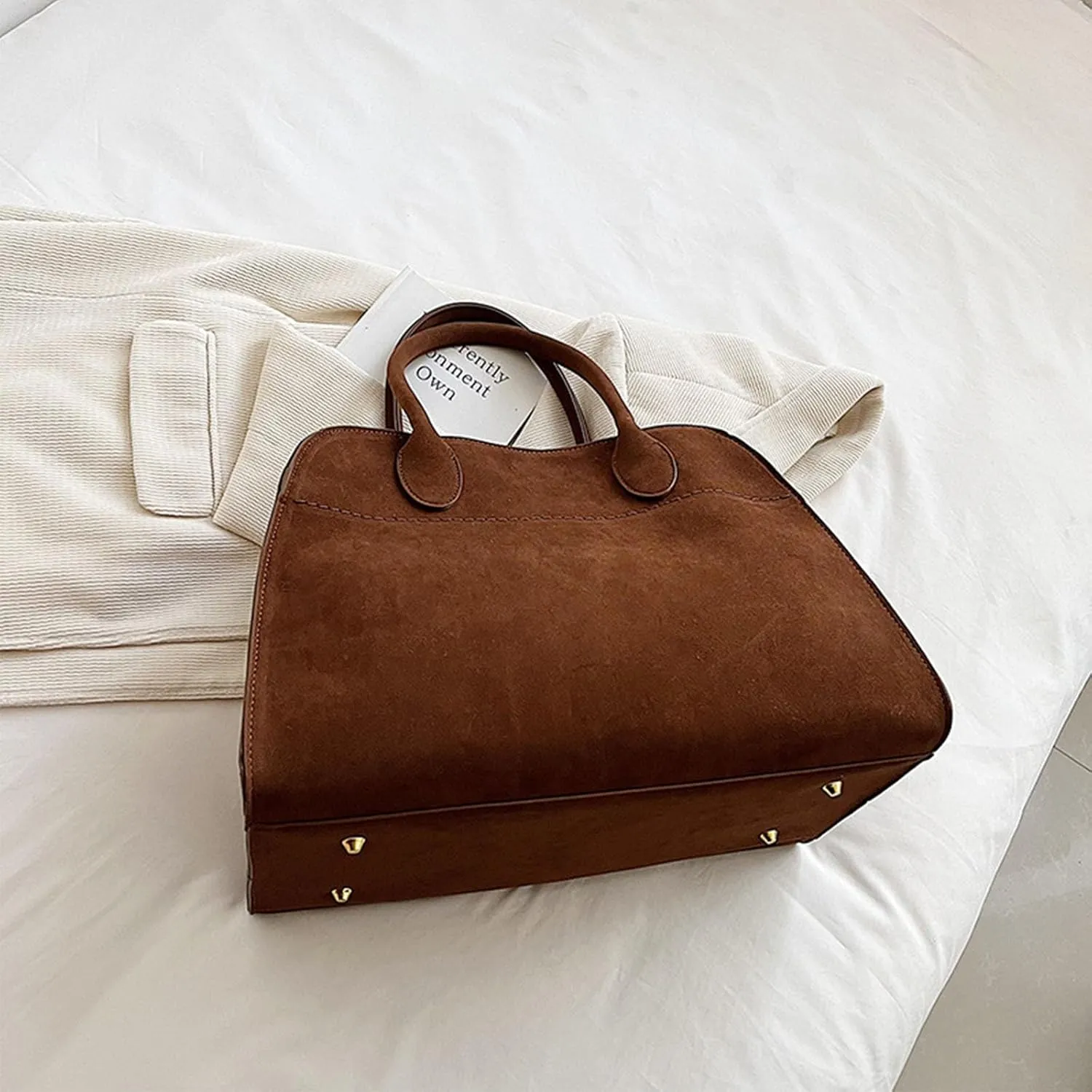 Suede Tote Bag For Women Brown Suede Handbag Fashion Retro Shoulder Satchel Bag For Work Travel Shopping
