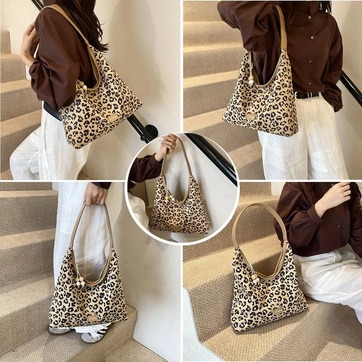 Suede Tote Bag for Women Retro Suede Leopard Purse Slouchy Hobo Bag Crossbody Handbags Carryall Bag College Fall Purse