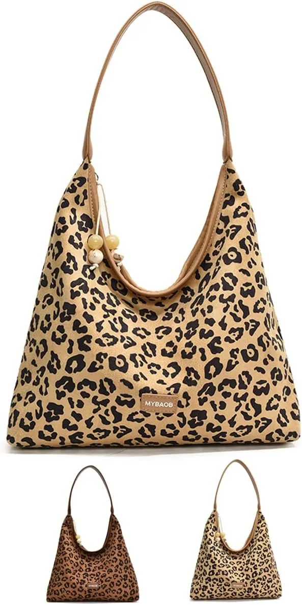 Suede Tote Bag for Women Retro Suede Leopard Purse Slouchy Hobo Bag Crossbody Handbags Carryall Bag College Fall Purse