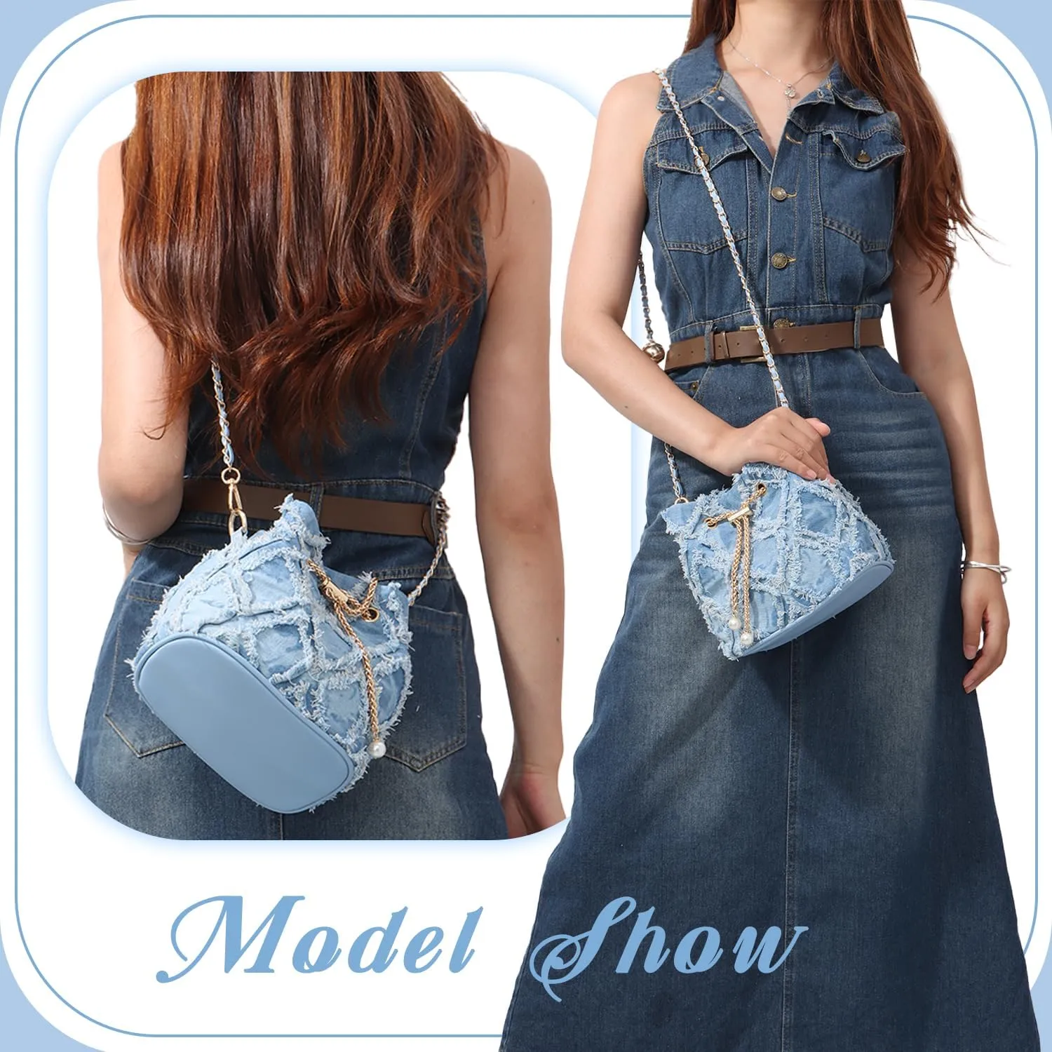 SUKUTU Denim Bucket Bag for Women Trendy Jean Purse Drawstring Crossbody Shoulder Bag Hobo Bag