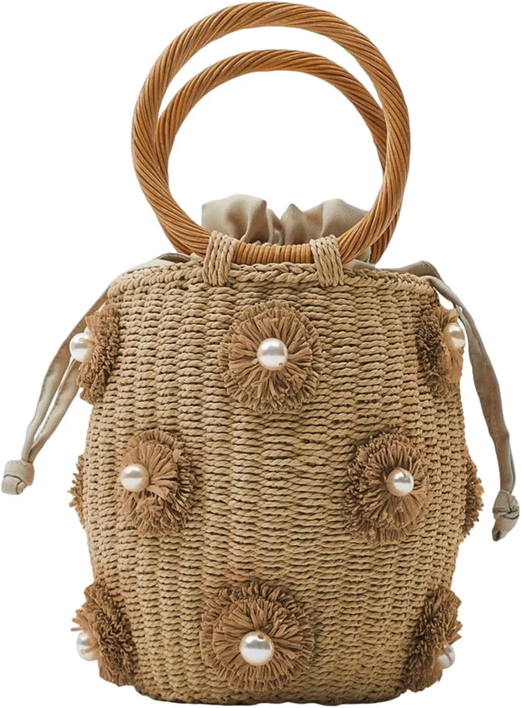 Summer Straw Bag for Women Pearl Flower Bucket Tote Bag Diamond Handbag Hand Woven Rattan Shell Purse Drawstring