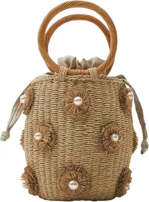 Summer Straw Bag for Women Pearl Flower Bucket Tote Bag Diamond Handbag Hand Woven Rattan Shell Purse Drawstring