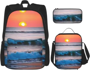 Sunset And Sunrise With Ocean Sea Waves Print Comfortable Adjustable Shoulder Casual Fashion Backpack Lunch Bag Pencil Case
