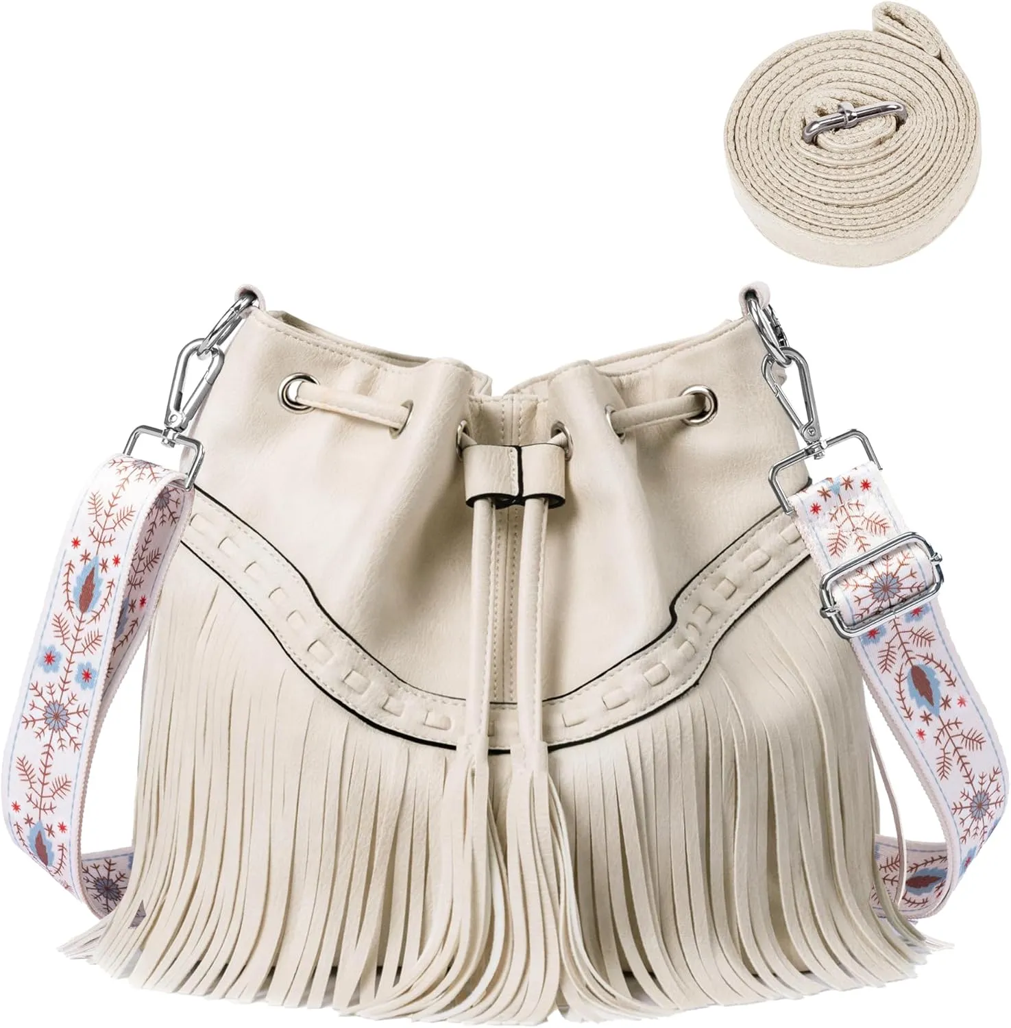 Sunwel Fashion Women Bucket Fringe Hobo Bag Western Purse Vegan Leather Tassel Hippie Shoulder Crossbody Bag
