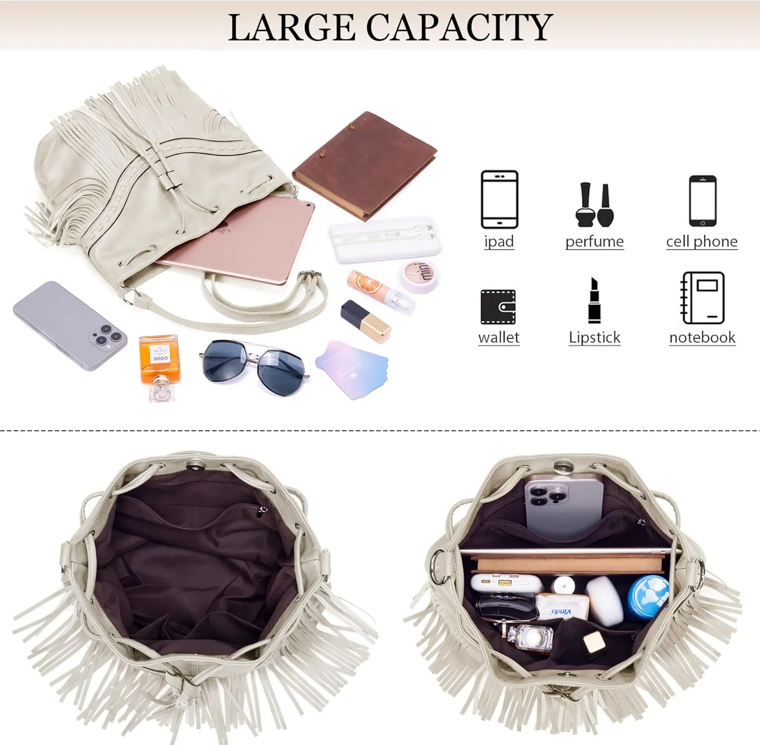 Sunwel Fashion Women Bucket Fringe Hobo Bag Western Purse Vegan Leather Tassel Hippie Shoulder Crossbody Bag