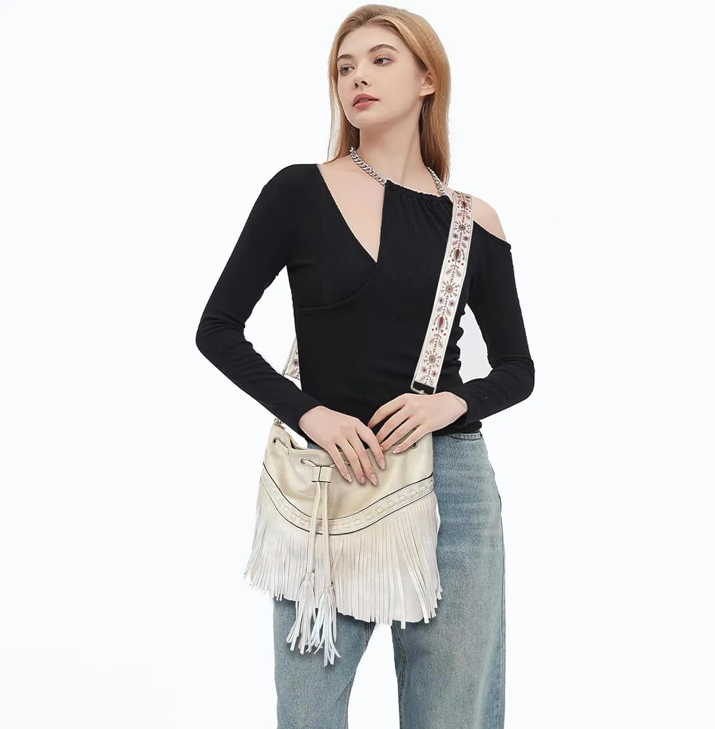 Sunwel Fashion Women Bucket Fringe Hobo Bag Western Purse Vegan Leather Tassel Hippie Shoulder Crossbody Bag