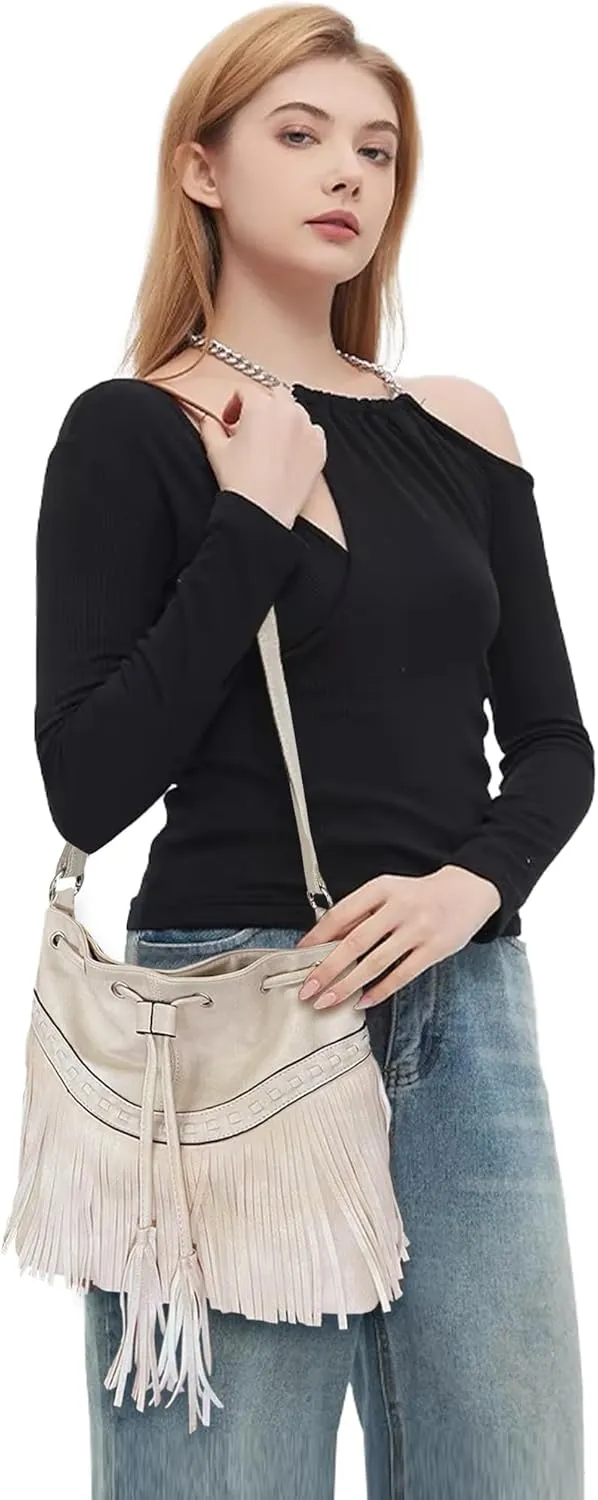 Sunwel Fashion Women Bucket Fringe Hobo Bag Western Purse Vegan Leather Tassel Hippie Shoulder Crossbody Bag