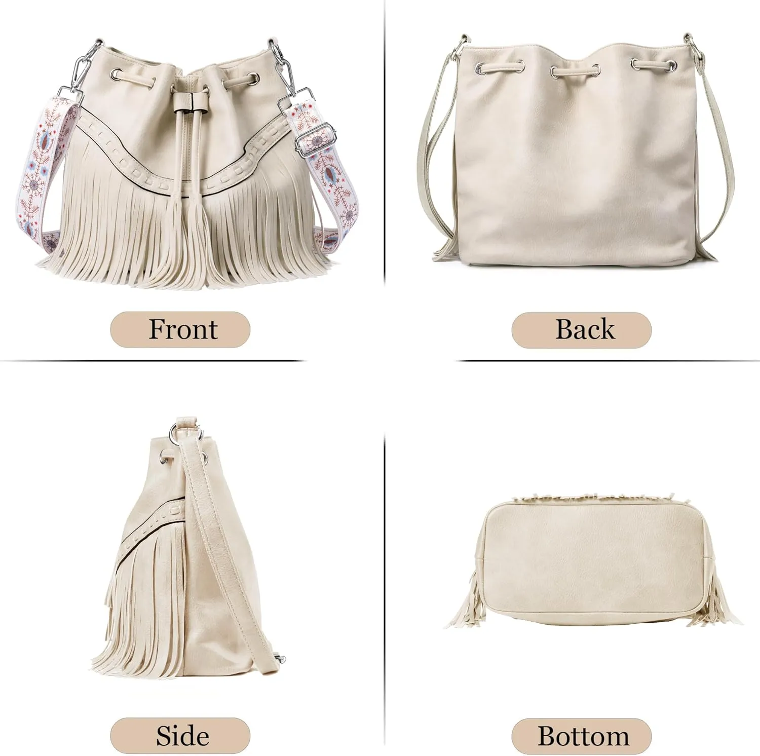 Sunwel Fashion Women Bucket Fringe Hobo Bag Western Purse Vegan Leather Tassel Hippie Shoulder Crossbody Bag