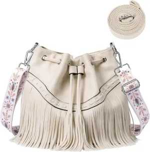 Sunwel Fashion Women Bucket Fringe Hobo Bag Western Purse Vegan Leather Tassel Hippie Shoulder Crossbody Bag