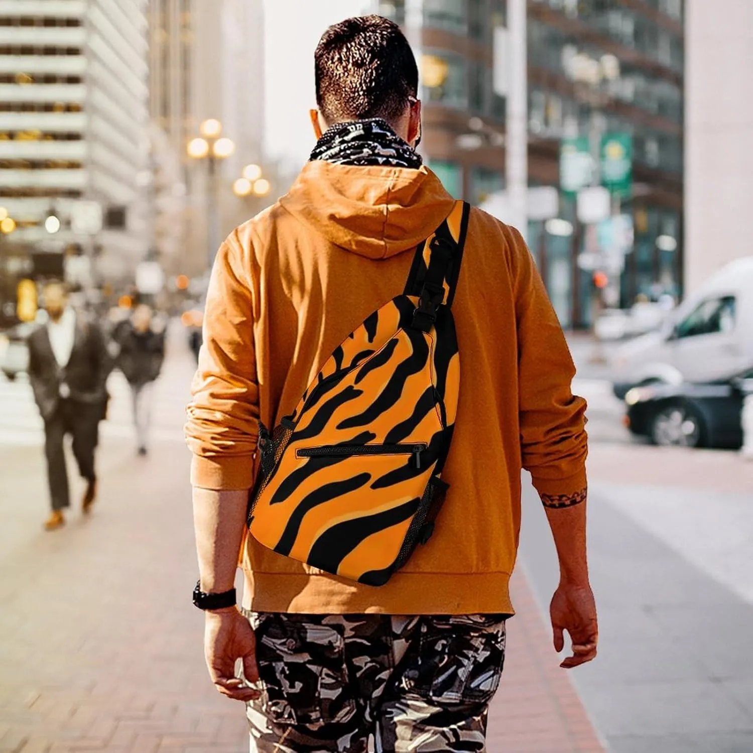 Supdreamc Casual Sling Backpack, Backpacking, Animal Print Tiger Stripe Shoulder Chest Crossbody Bag, Camera Case, Casual Carrying Tote Case Crossbody Travel Bag for Men Women