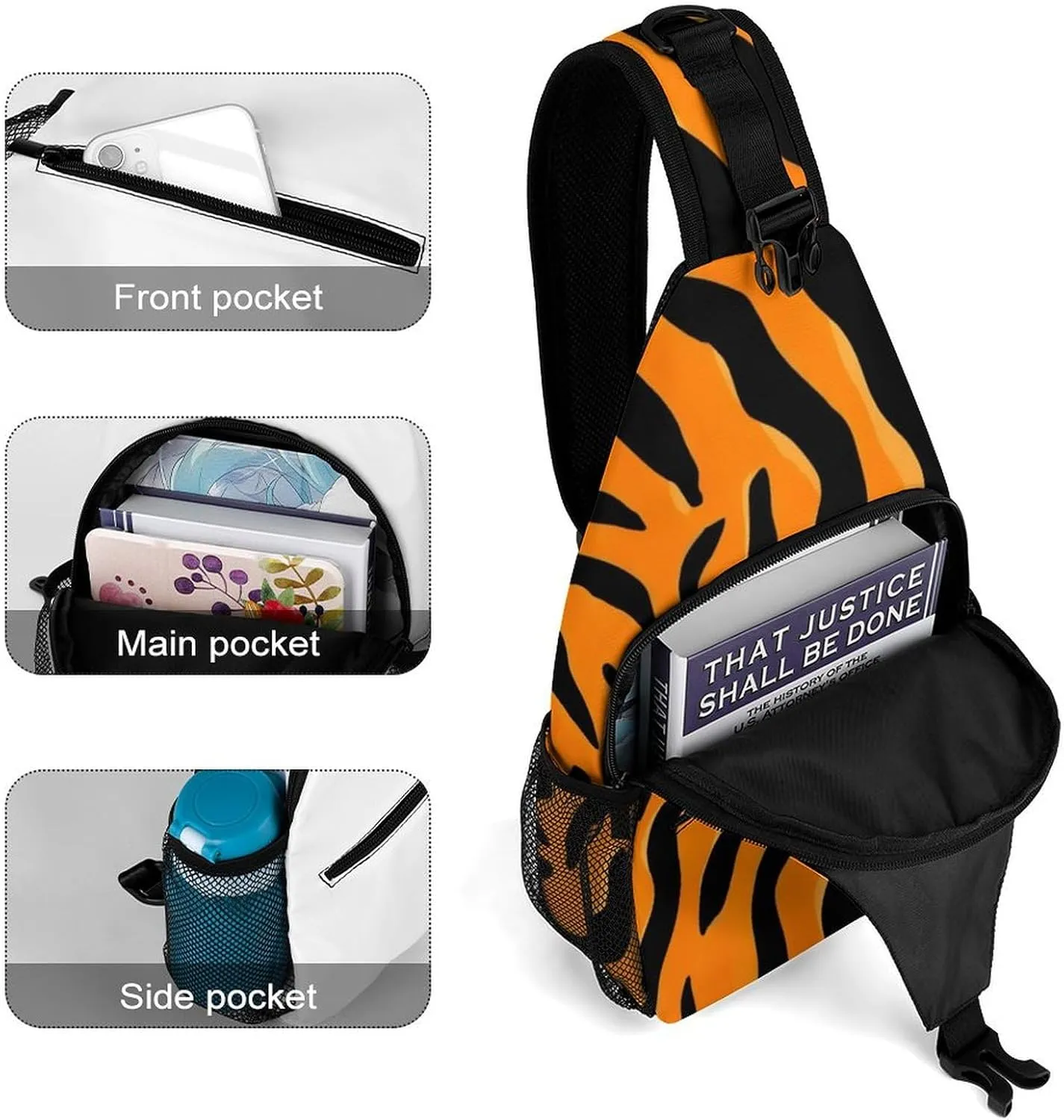 Supdreamc Casual Sling Backpack, Backpacking, Animal Print Tiger Stripe Shoulder Chest Crossbody Bag, Camera Case, Casual Carrying Tote Case Crossbody Travel Bag for Men Women