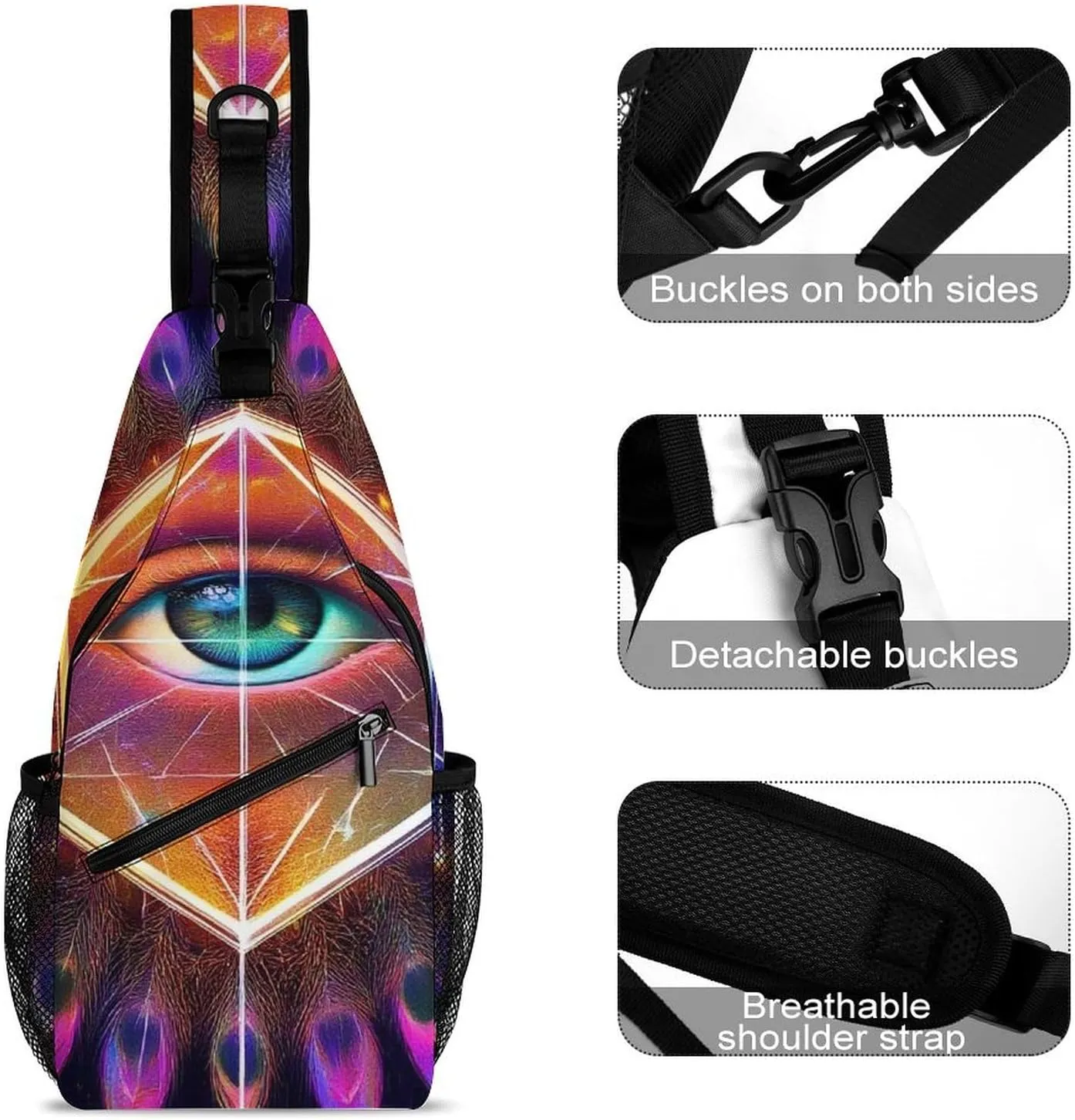 Supdreamc Casual Sling Bag Backpack, Bag, Colorful Tattoo Trippy Acid Eye Shoulder Chest Crossbody Bag, Carry On Bag, Casual Carrying Tote Case Crossbody Travel Bag for Man/Women