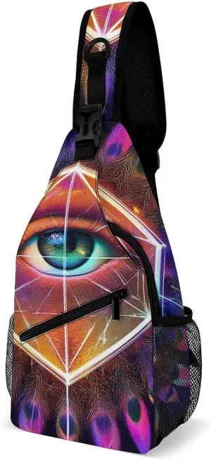 Supdreamc Casual Sling Bag Backpack, Bag, Colorful Tattoo Trippy Acid Eye Shoulder Chest Crossbody Bag, Carry On Bag, Casual Carrying Tote Case Crossbody Travel Bag for Man/Women