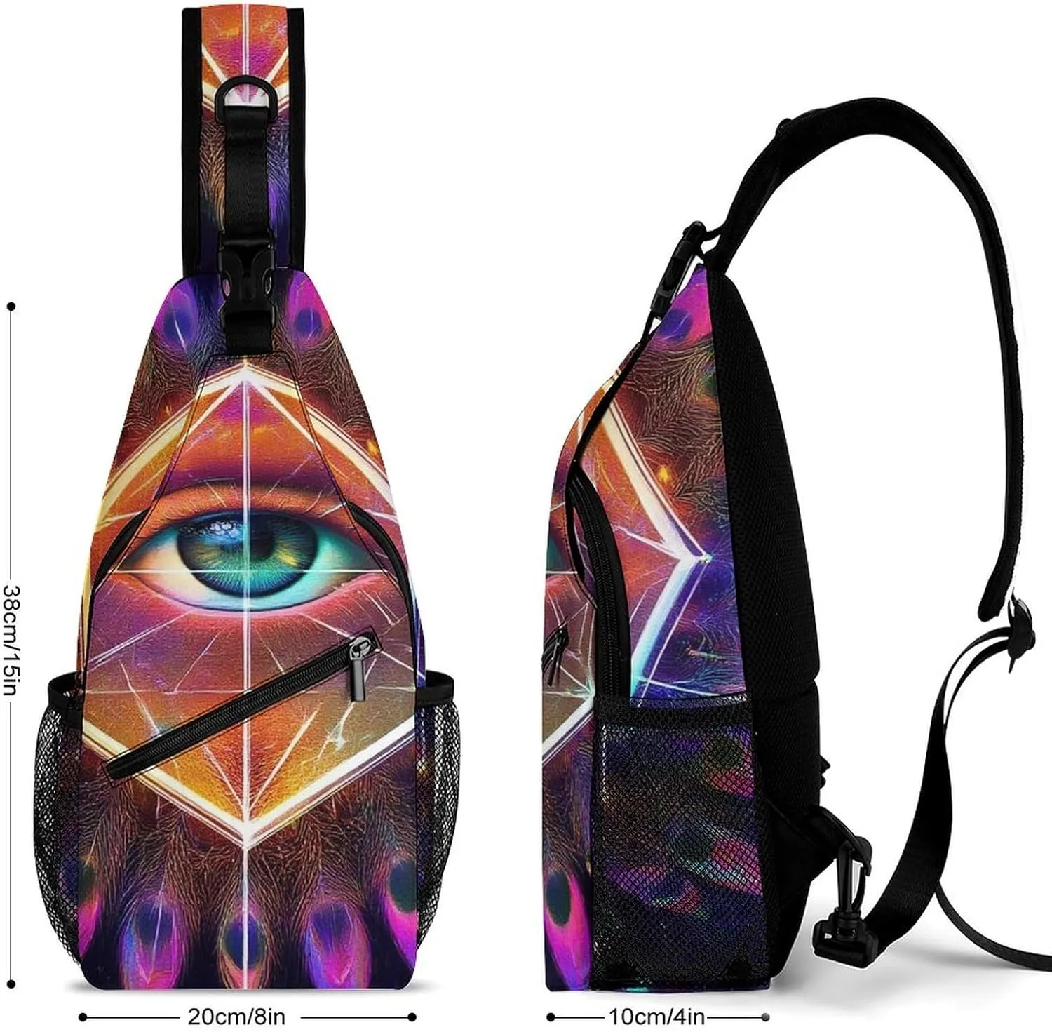 Supdreamc Casual Sling Bag Backpack, Bag, Colorful Tattoo Trippy Acid Eye Shoulder Chest Crossbody Bag, Carry On Bag, Casual Carrying Tote Case Crossbody Travel Bag for Man/Women