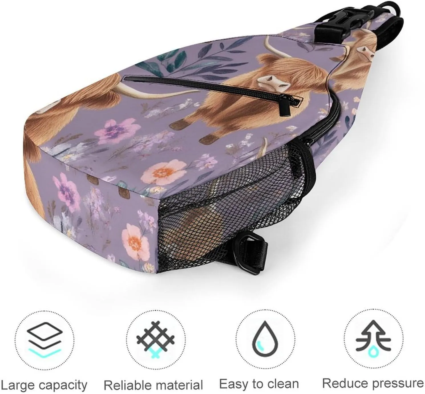 Supdreamc Casual Sling Bag Backpack, Daypack, Highland Cow Pink Flowers Art Shoulder Chest Crossbody Bag, Bookbag, Travel Backpack Camping Outdoor Bag for Man/Women/College