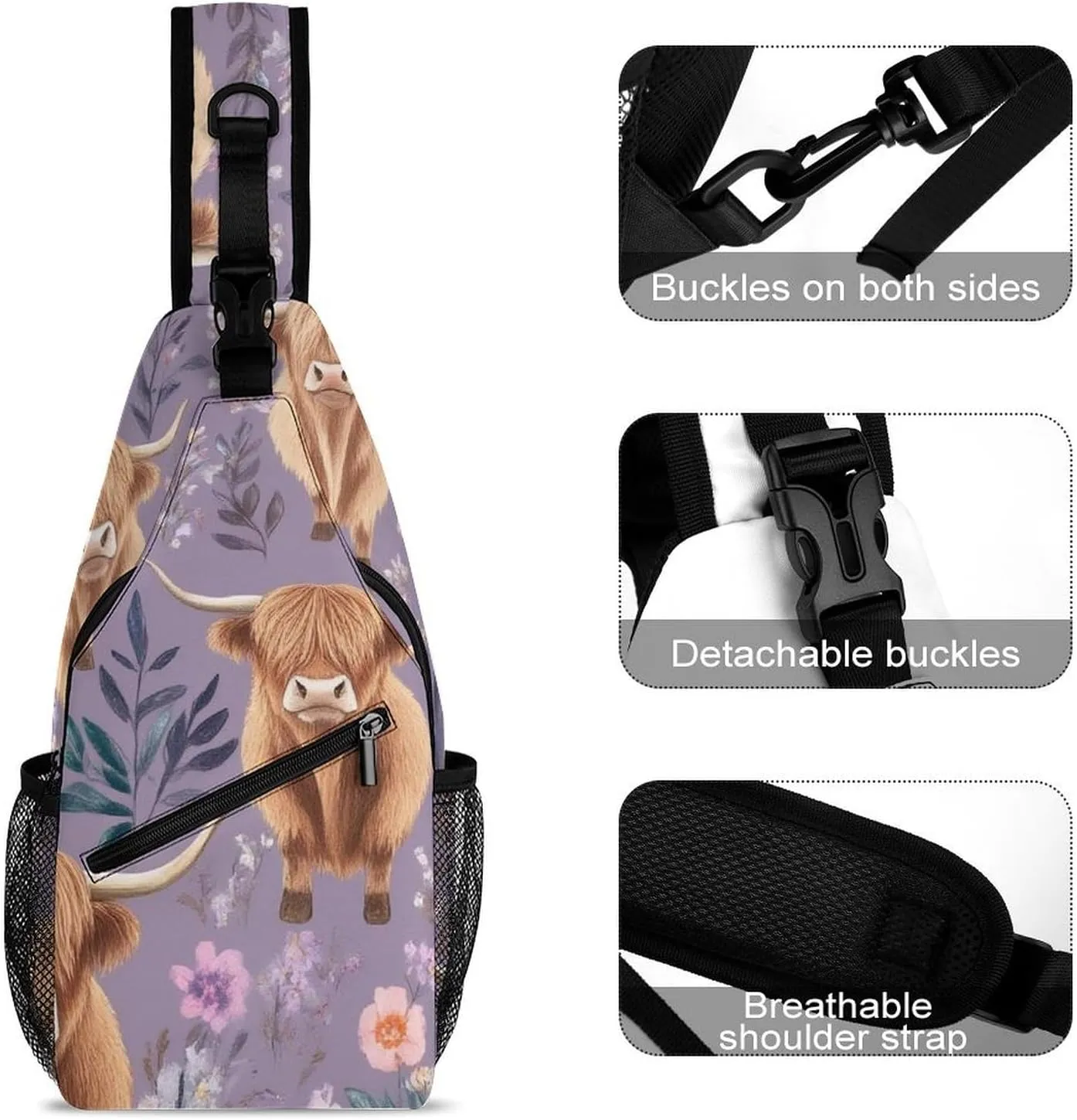 Supdreamc Casual Sling Bag Backpack, Daypack, Highland Cow Pink Flowers Art Shoulder Chest Crossbody Bag, Bookbag, Travel Backpack Camping Outdoor Bag for Man/Women/College